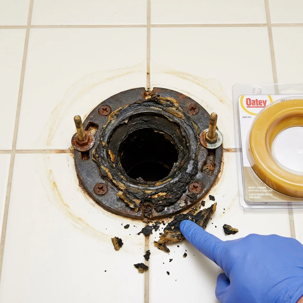 Failed wax ring showing water seepage at the base of a toilet in a Stockton, IL home