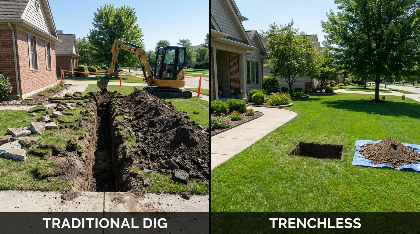 Trenchless sewer repair with minimal yard damage versus traditional excavation in Stockton, IL