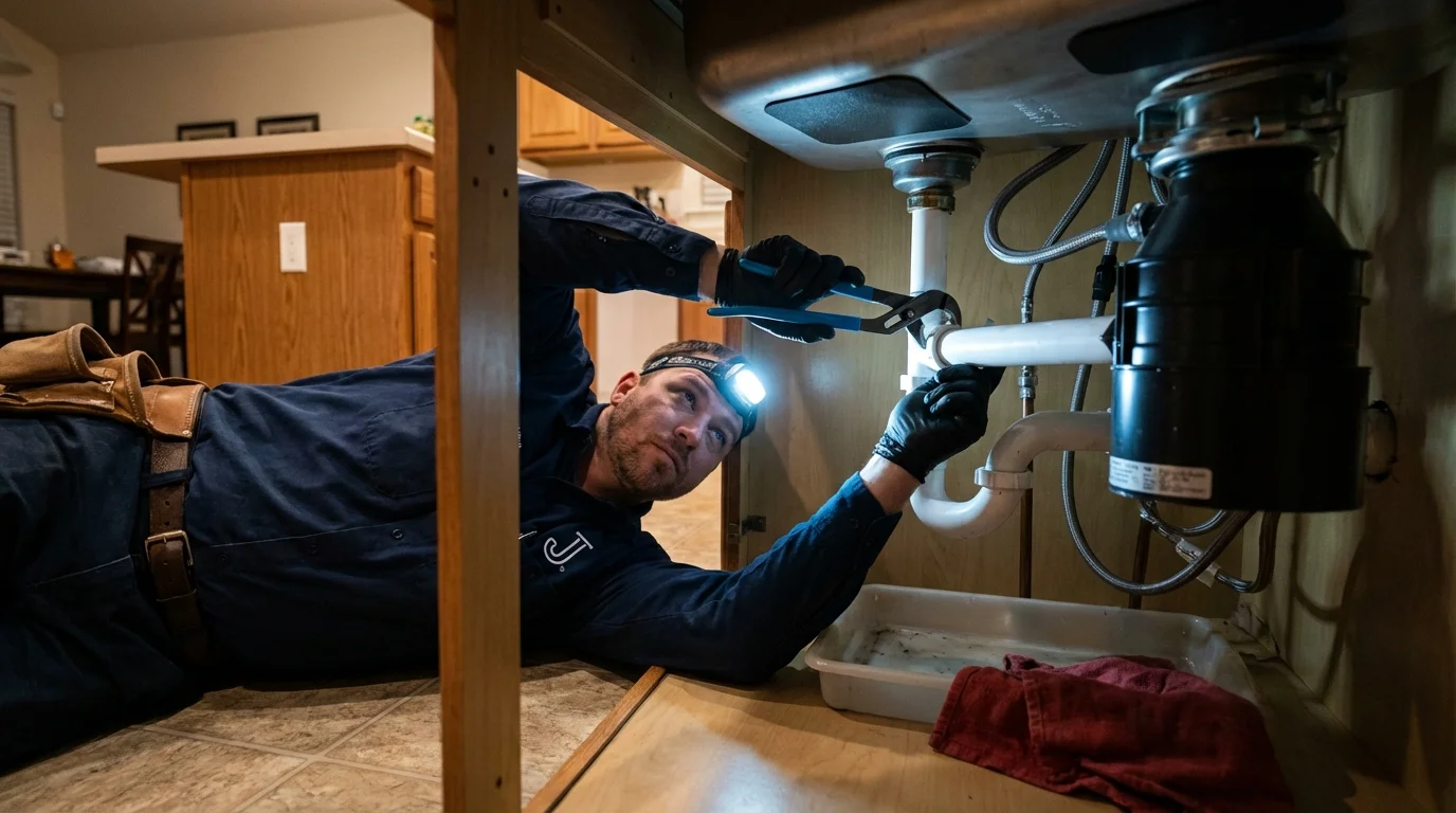 P-trap and supply line connections under a kitchen sink showing a common leak point in Stockton, IL